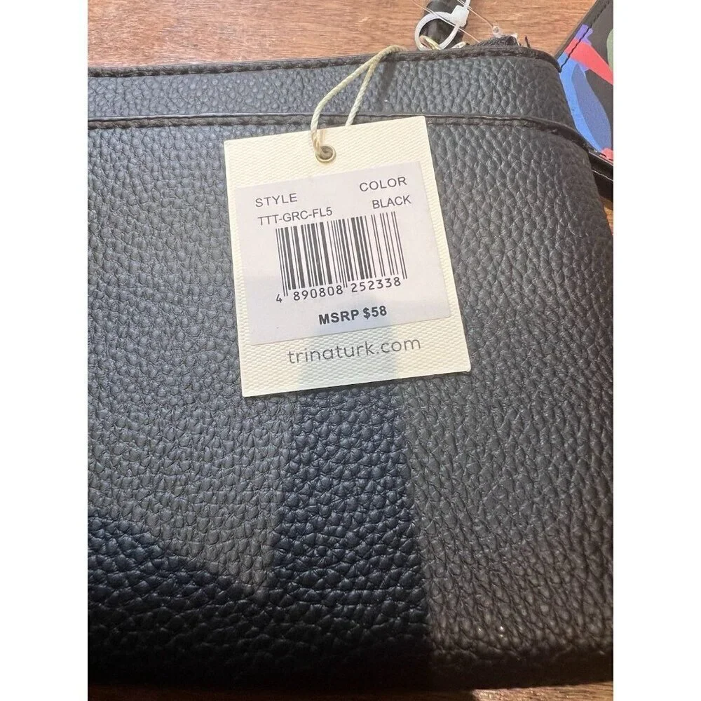 Trina Turk Black Wristlet Wallet Matching Keychain Cardholder Set Faux Leather